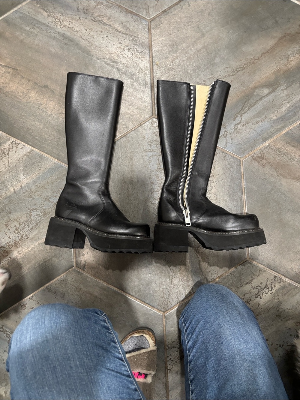 John Fluevog Black Leather Knee-High Platform Zip Boots